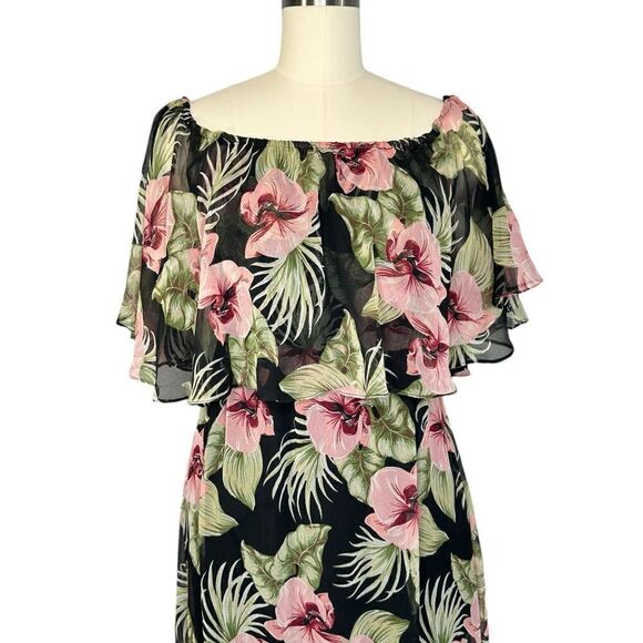 Anthropologie Raga Black Floral Off the Shoulder Maxi Dress| Size S - Picture 6 of 10